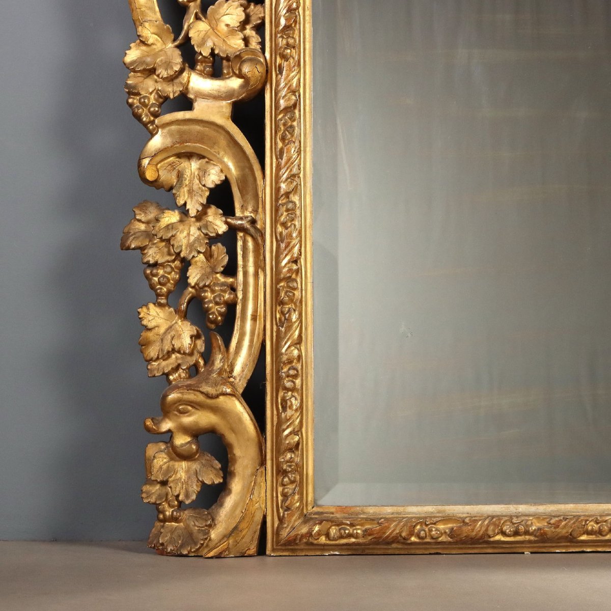 Miroir Baroque Ancien Bois Doré Gravé Italie du XIXe Siècle Original-photo-6