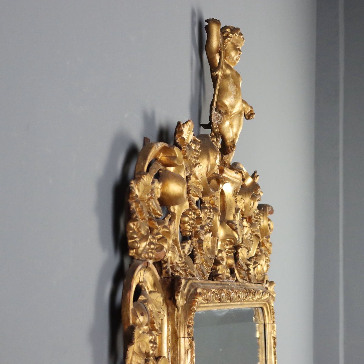 Miroir Baroque Ancien Bois Doré Gravé Italie du XIXe Siècle Original-photo-7