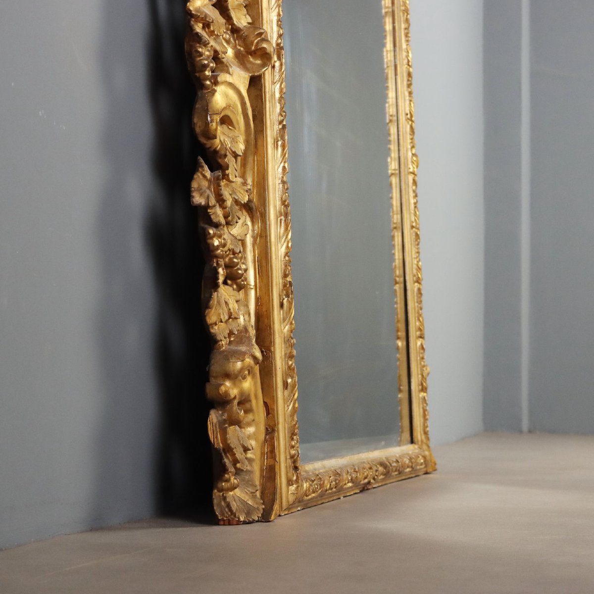Miroir Baroque Ancien Bois Doré Gravé Italie du XIXe Siècle Original-photo-8