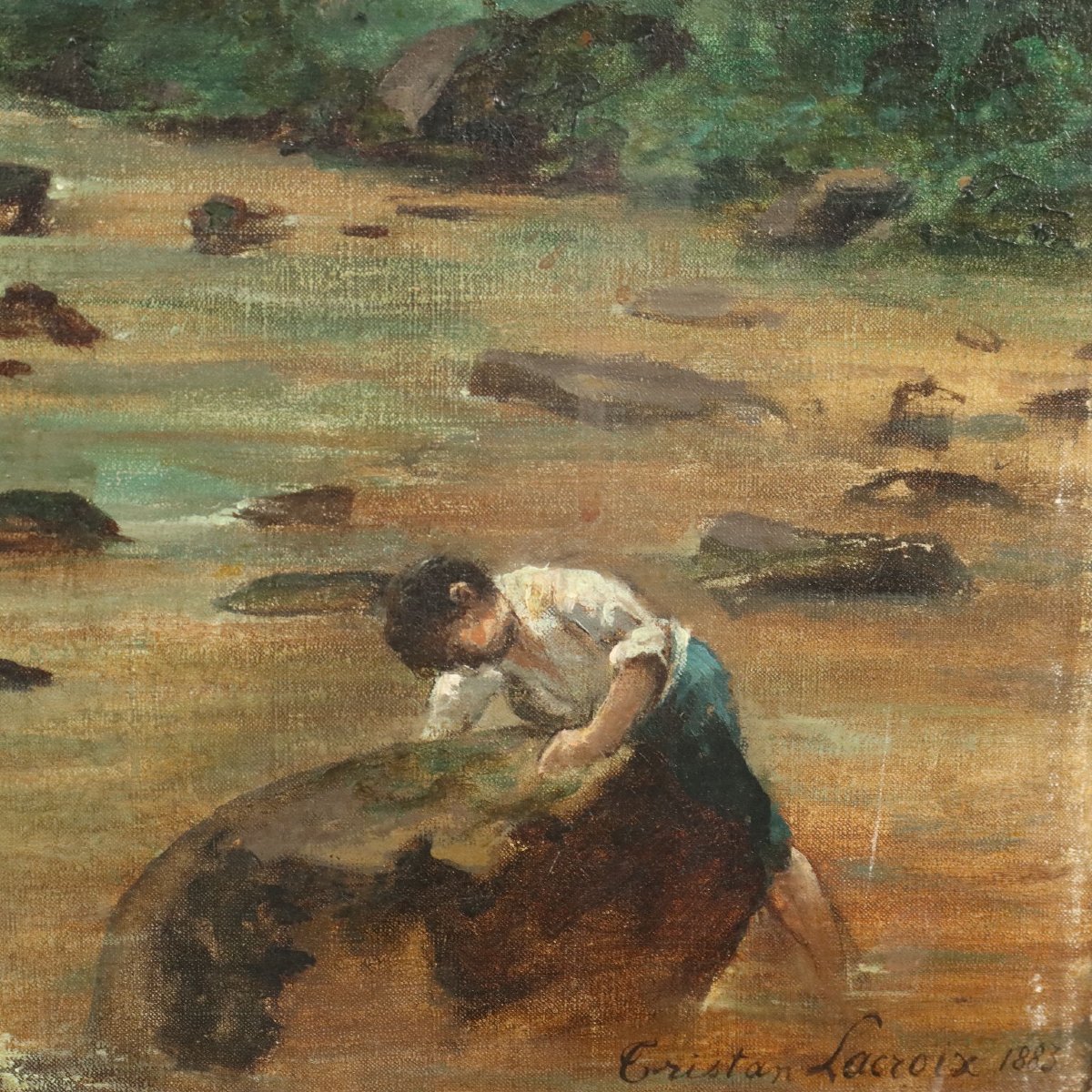 Antique Painting Wooden Landscape Signed Tristan Lacroix 1883 Original-photo-2