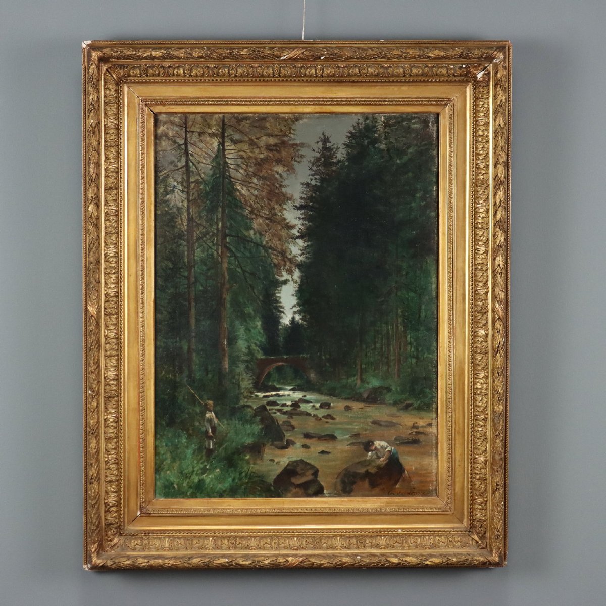 Antique Painting Wooden Landscape Signed Tristan Lacroix 1883 Original