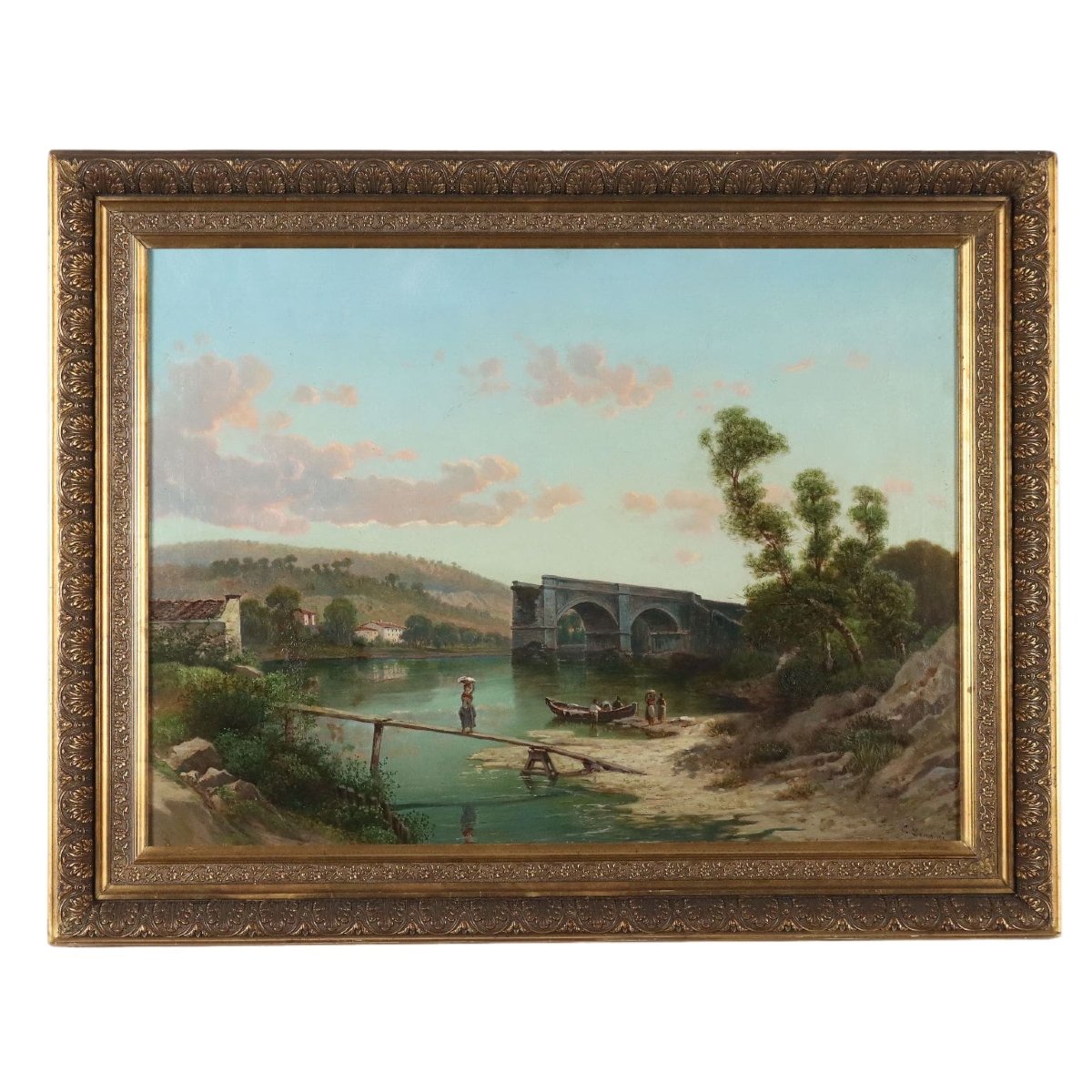 Tableau Ancien Signé Emilio Donnini Paysage avec Rivière XIXe Siècle Original