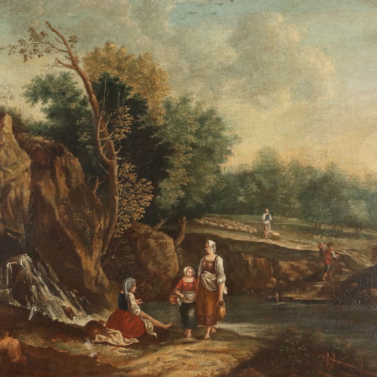 Tableau Ancien Paysage avec Figures Huile sur Toile XVIIIe Siècle Original-photo-3