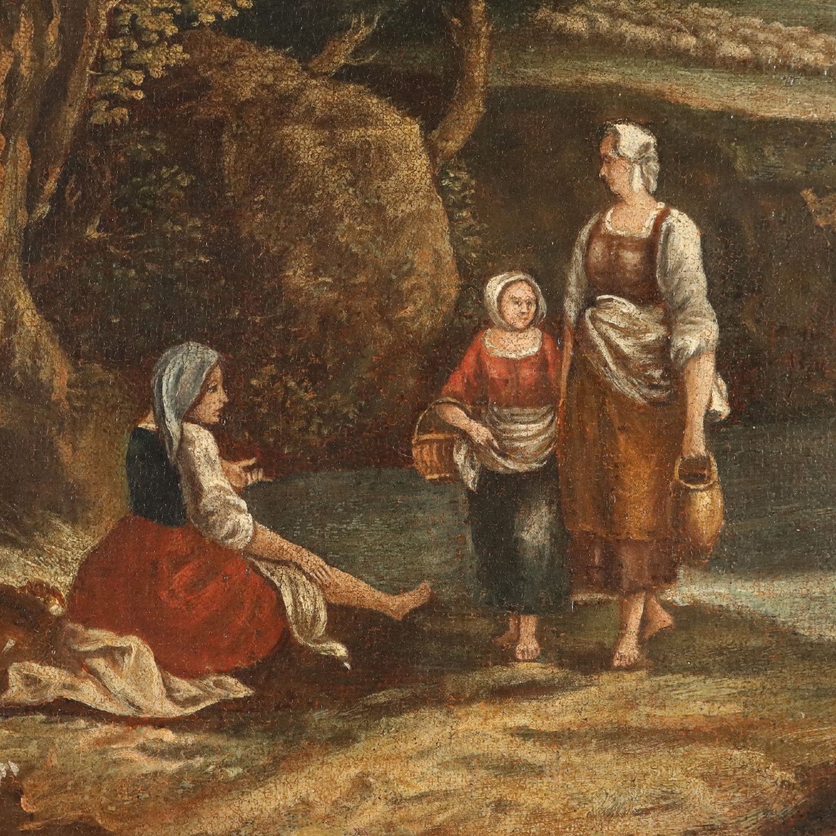 Tableau Ancien Paysage avec Figures Huile sur Toile XVIIIe Siècle Original-photo-4