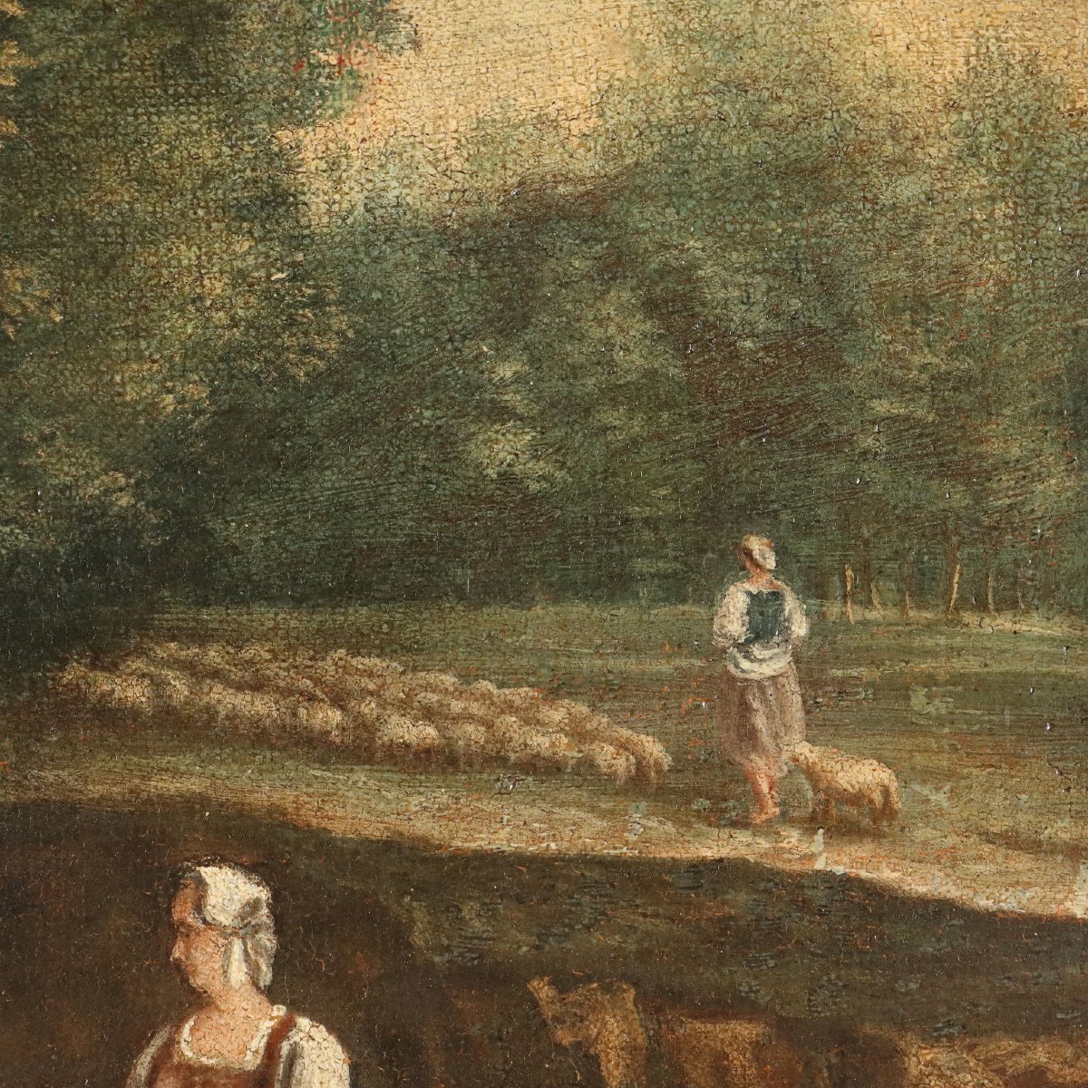 Tableau Ancien Paysage avec Figures Huile sur Toile XVIIIe Siècle Original-photo-1