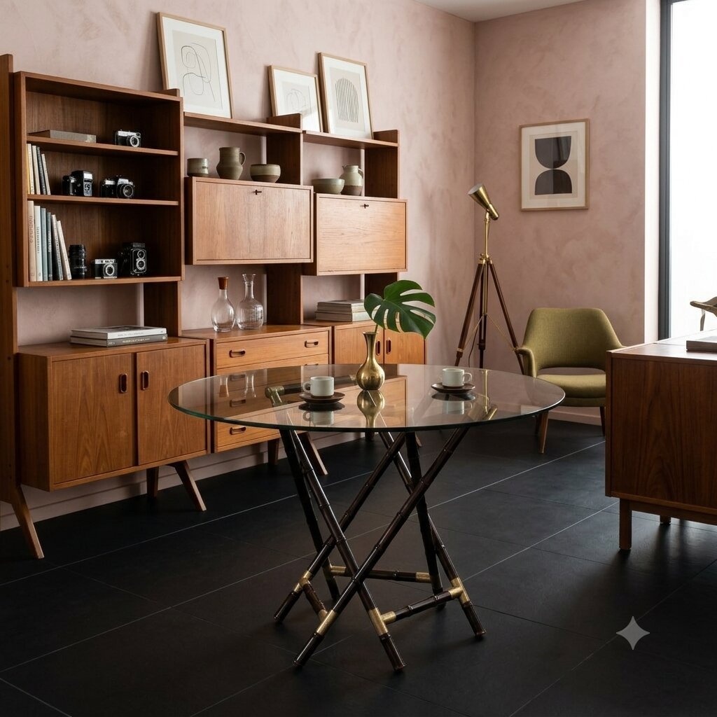 Table Vintage Bois Effet Bambou Verre Laiton Années 1950 Originale-photo-2