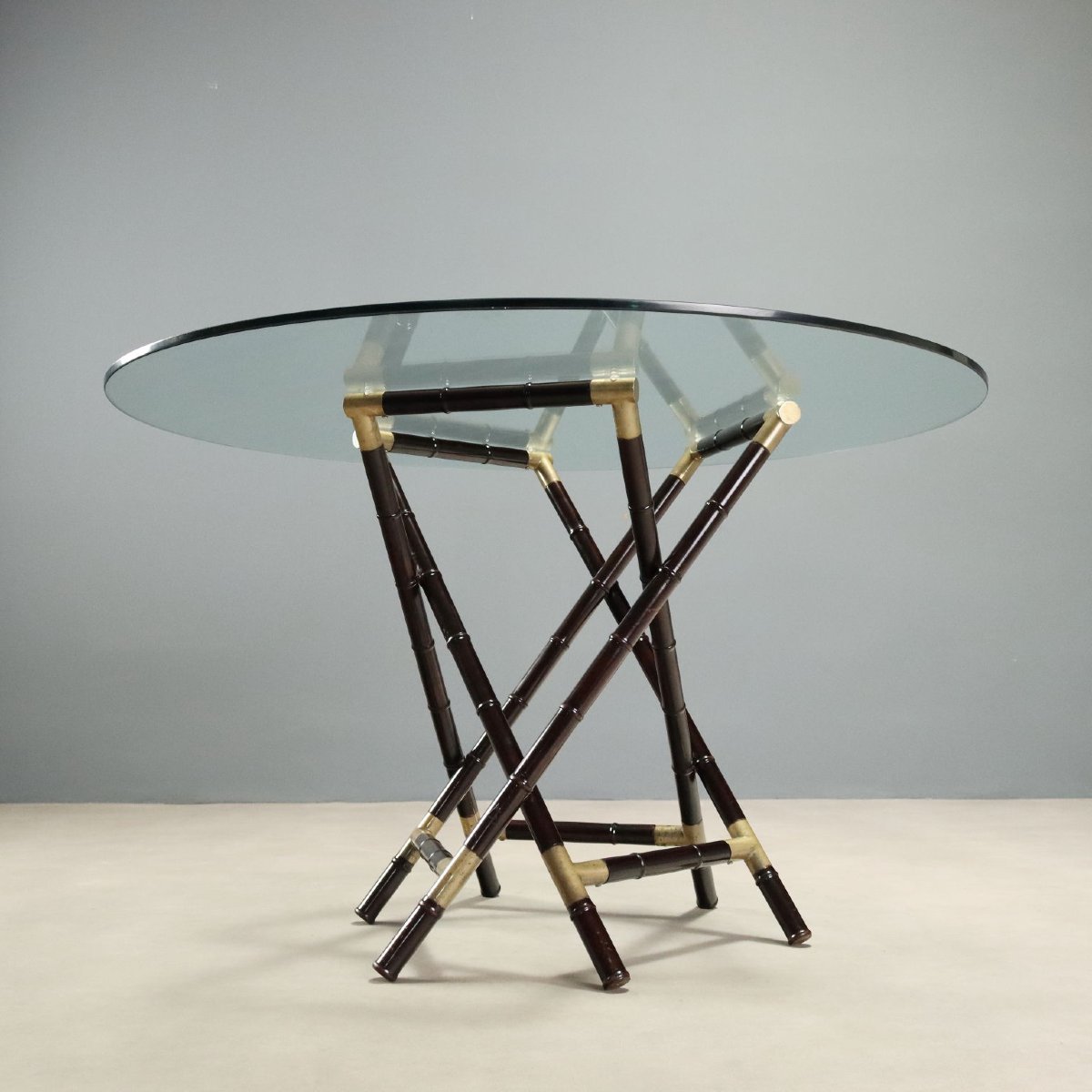Table Vintage Bois Effet Bambou Verre Laiton Années 1950 Originale-photo-4