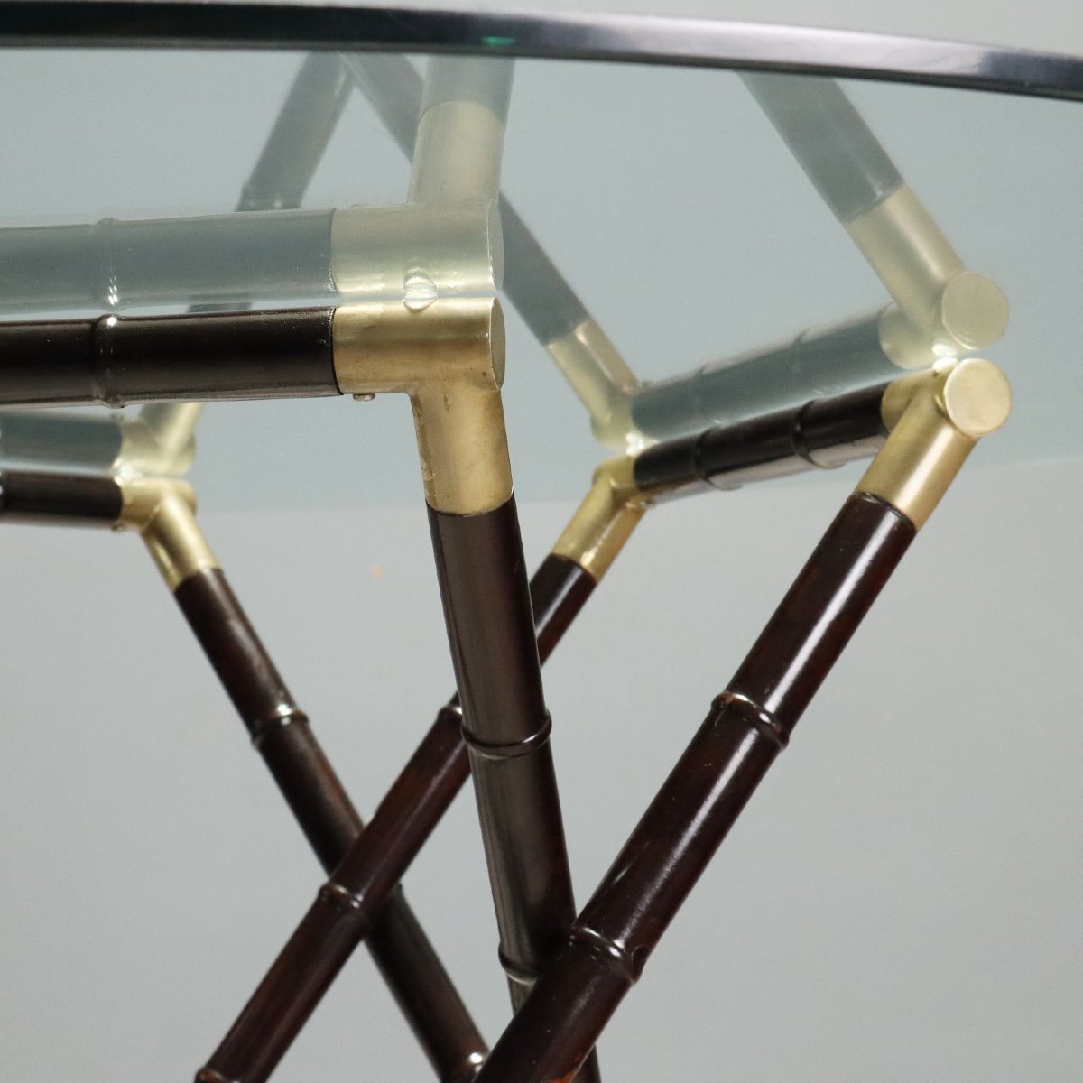 Table Vintage Bois Effet Bambou Verre Laiton Années 1950 Originale-photo-1