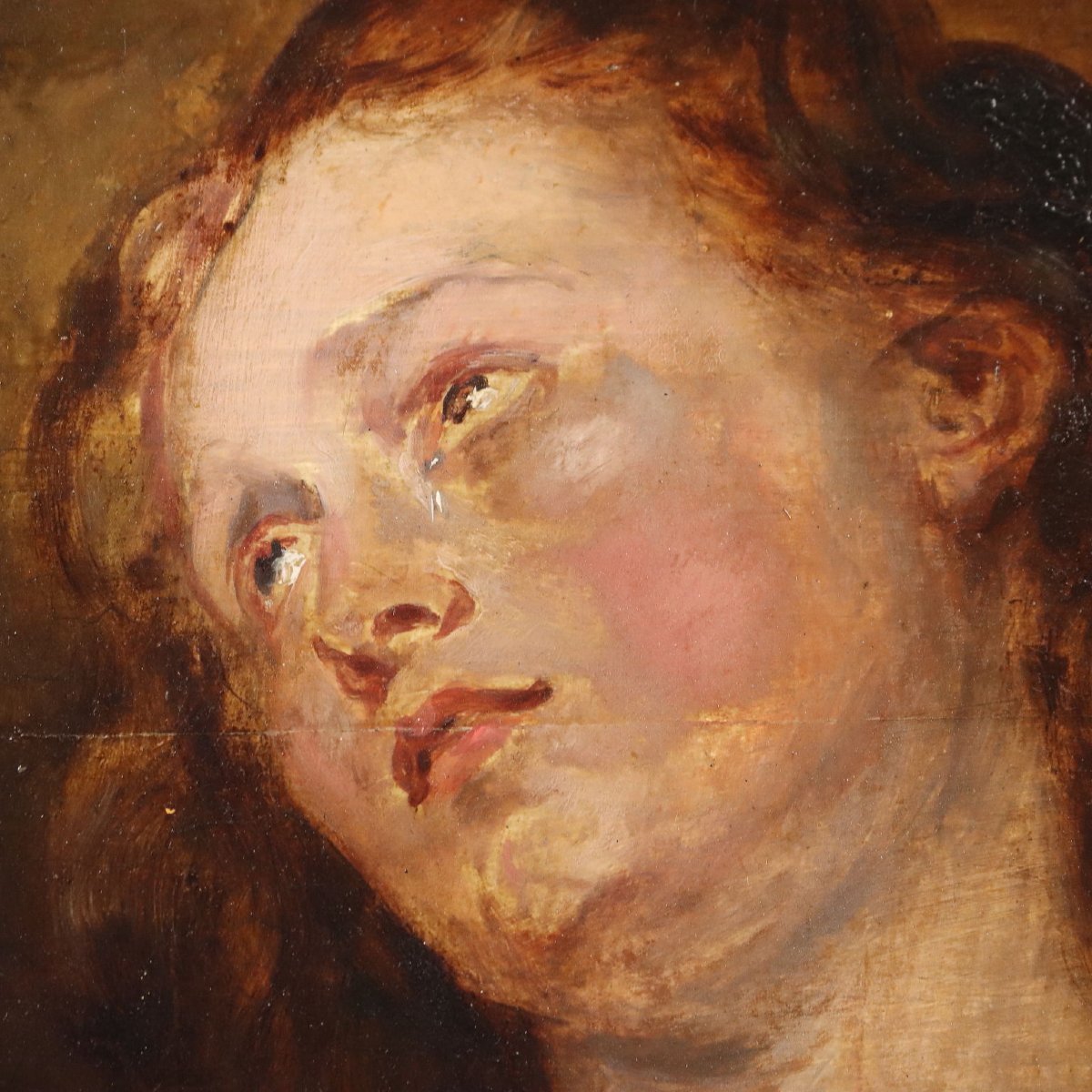 Tableau Ancien Portrait de Marie Magdalene Huile sur Panneau XVIIIe Siècle-photo-4