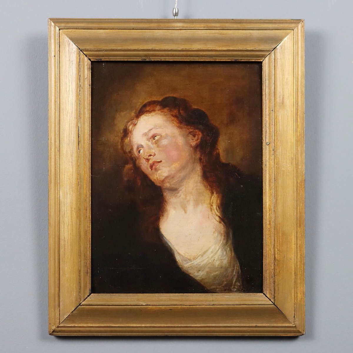 Tableau Ancien Portrait de Marie Magdalene Huile sur Panneau XVIIIe Siècle