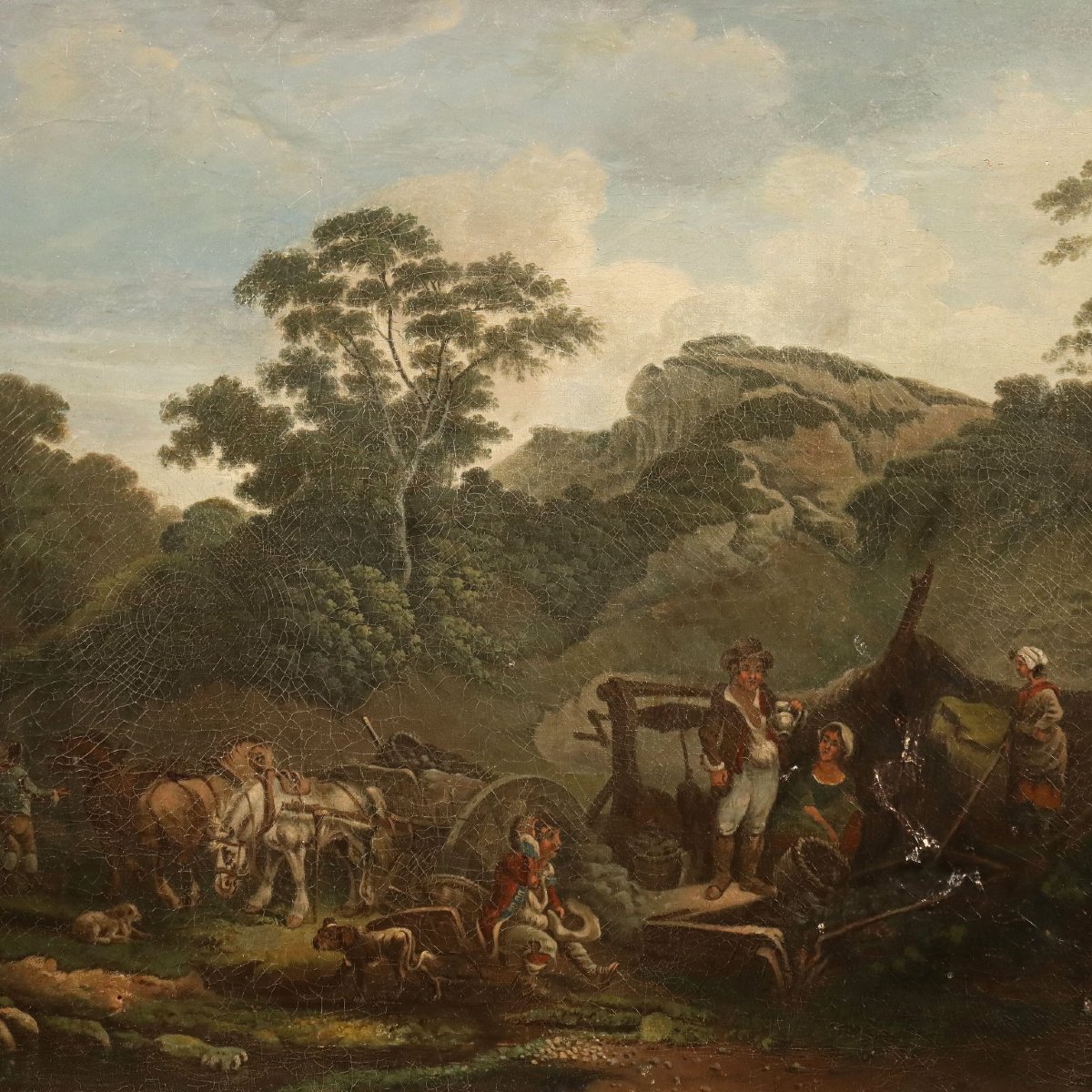 Antique Painting Landscape With Farmers Oil On Canvas Europe '800 Original-photo-3