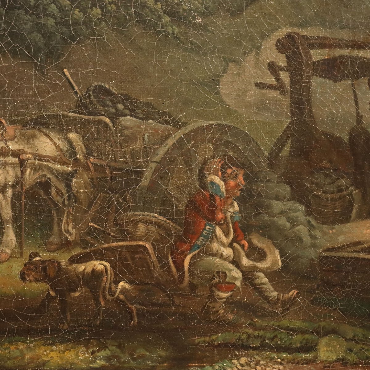 Antique Painting Landscape With Farmers Oil On Canvas Europe '800 Original-photo-1
