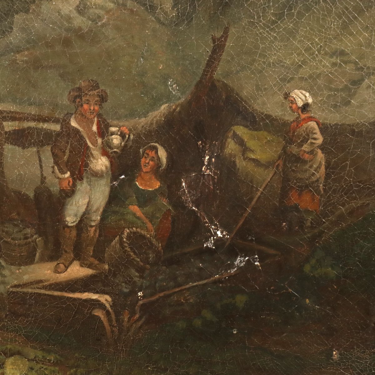 Antique Painting Landscape With Farmers Oil On Canvas Europe '800 Original-photo-2