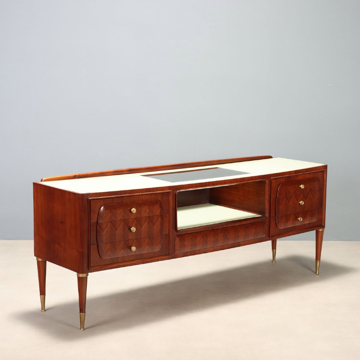 Vintage Chest Of Drawers Exotic Wood Enamelled Glass Design 1950s-60s
