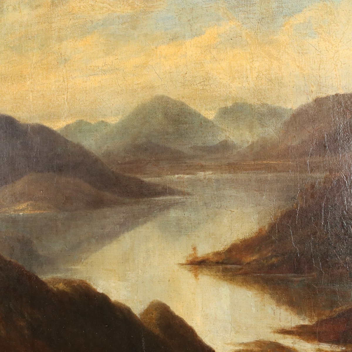 Antique Painting Mountain Landscape With Lake Oil On Canvas 1890-photo-2
