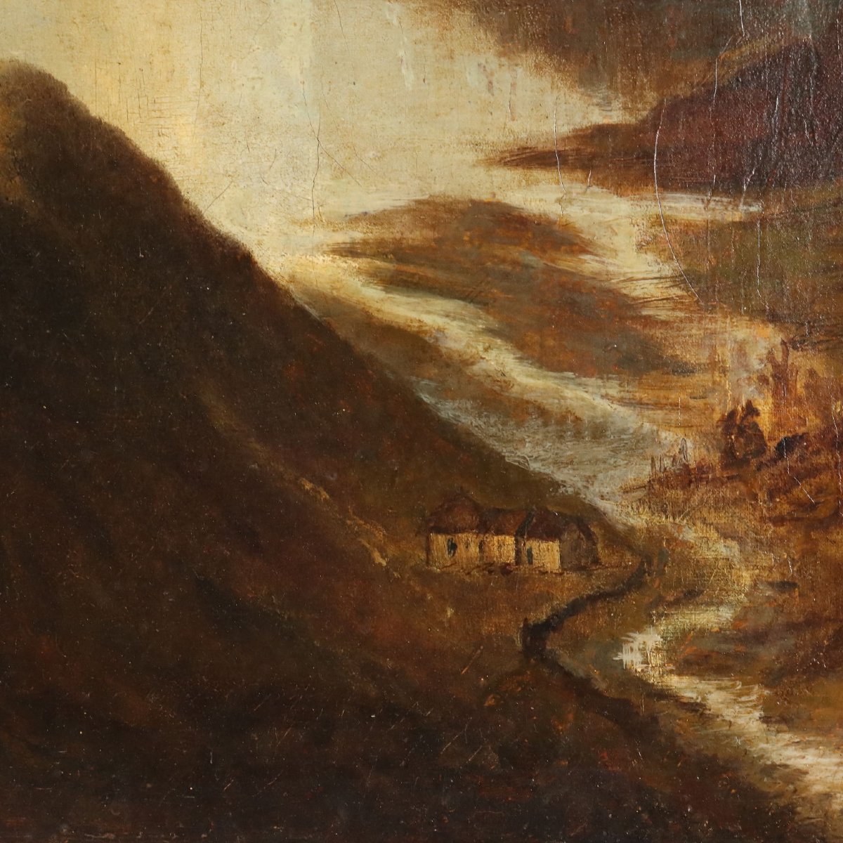 Antique Painting Mountain Landscape With Lake Oil On Canvas 1890-photo-1