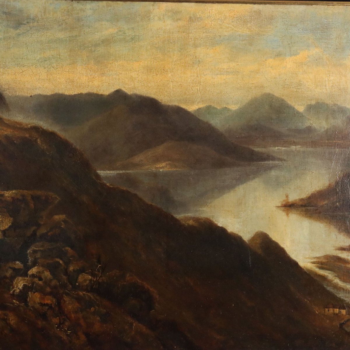 Antique Painting Mountain Landscape With Lake Oil On Canvas 1890-photo-2