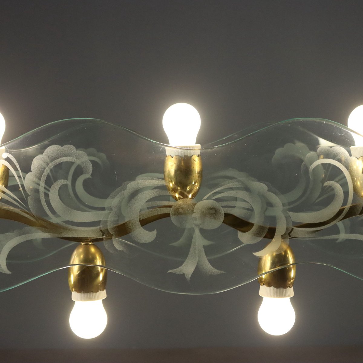 Lustre Vintage Laiton Verre 9 Lumières Design des Années 1950 Original-photo-2