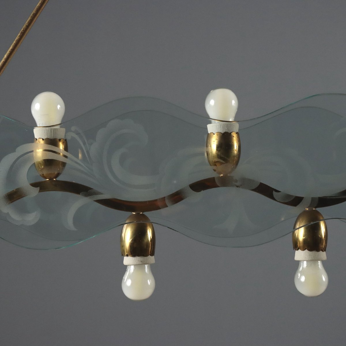 Lustre Vintage Laiton Verre 9 Lumières Design des Années 1950 Original-photo-2
