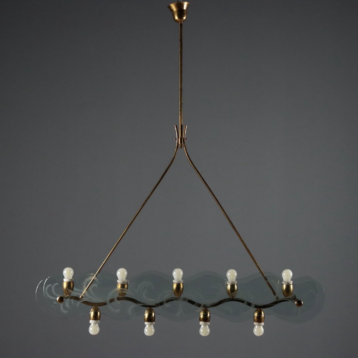 Lustre Vintage Laiton Verre 9 Lumières Design des Années 1950 Original-photo-3