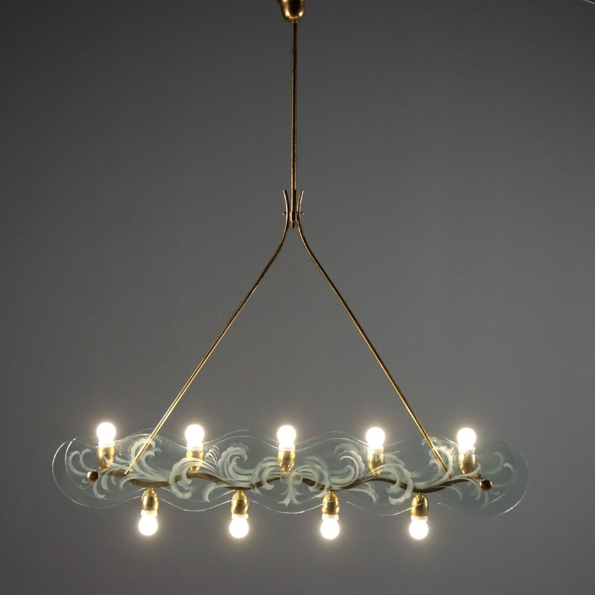 Lustre Vintage Laiton Verre 9 Lumières Design des Années 1950 Original
