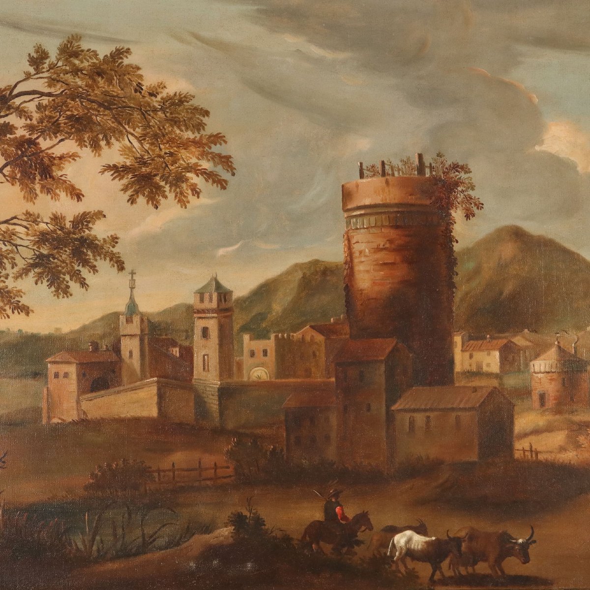 Tableau Ancien Paysage avec Village Huile sur Toile XVIIIe Siècle Original-photo-3