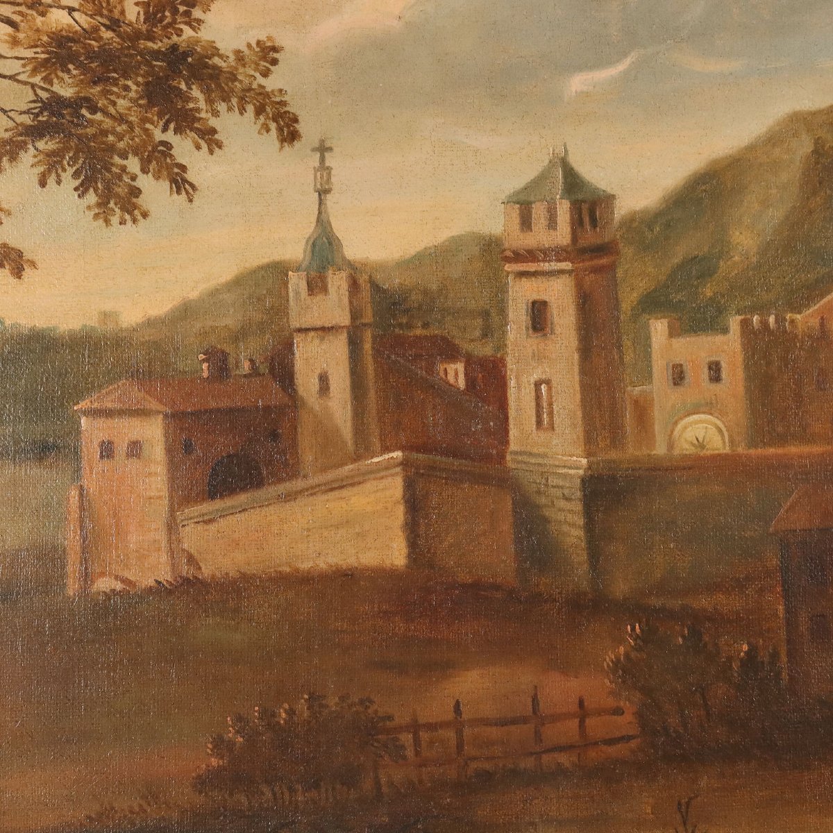 Tableau Ancien Paysage avec Village Huile sur Toile XVIIIe Siècle Original-photo-1