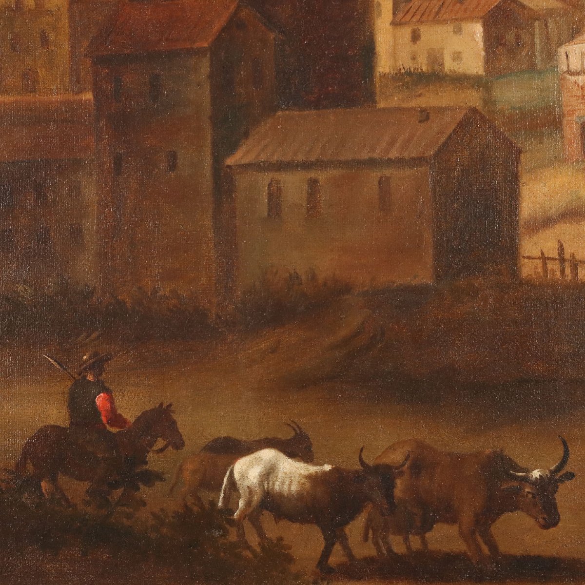 Tableau Ancien Paysage avec Village Huile sur Toile XVIIIe Siècle Original-photo-3
