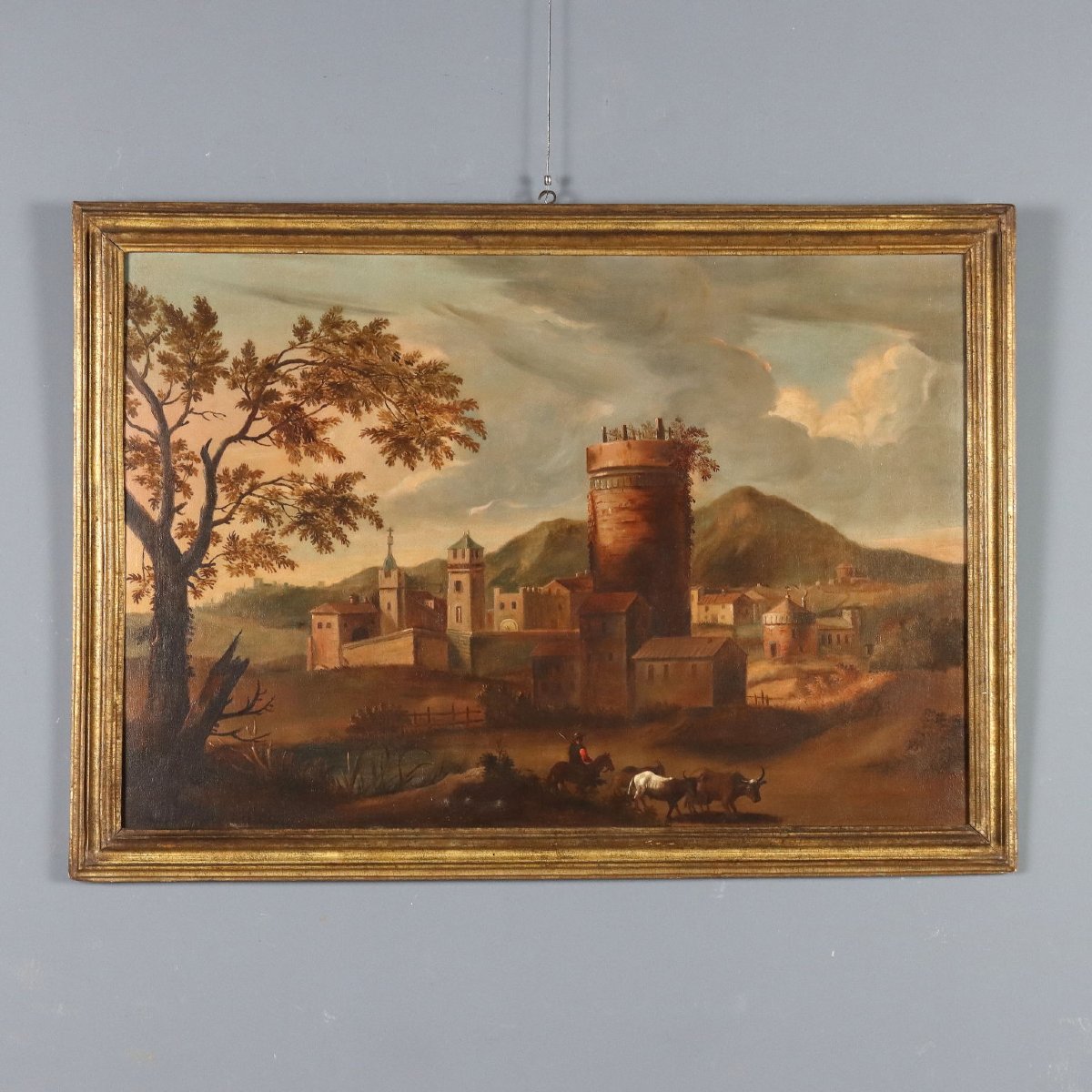 Tableau Ancien Paysage avec Village Huile sur Toile XVIIIe Siècle Original