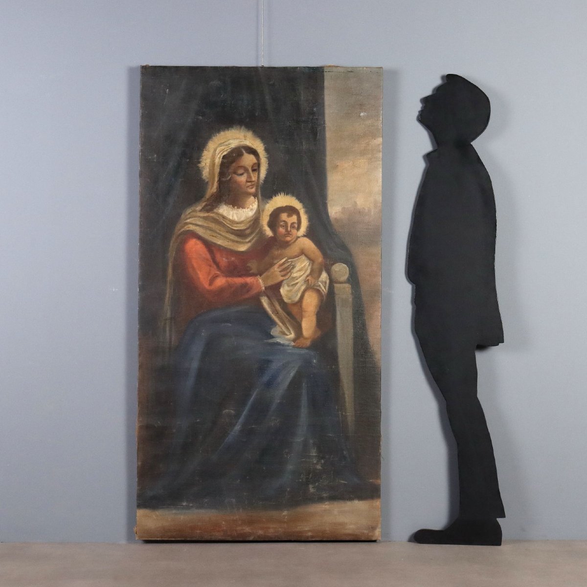 Tableau Ancien Vièrge Marie avec Enfant Huile sur Toile '800 Original-photo-2