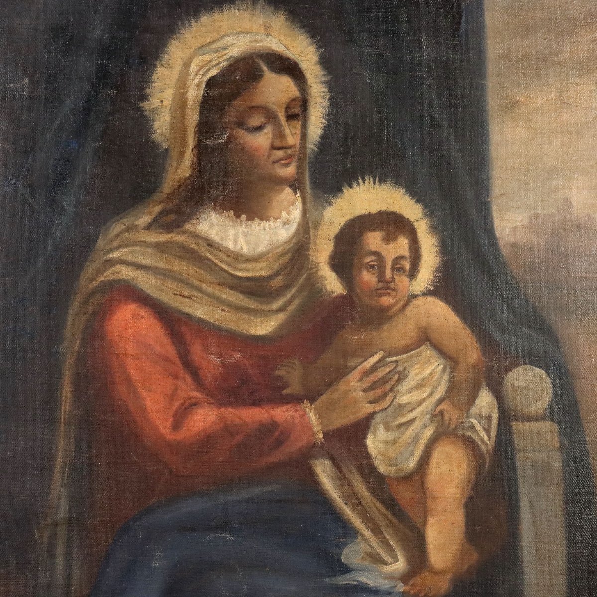 Tableau Ancien Vièrge Marie avec Enfant Huile sur Toile '800 Original-photo-3