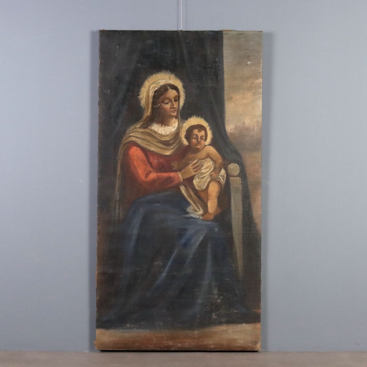 Tableau Ancien Vièrge Marie avec Enfant Huile sur Toile '800 Original
