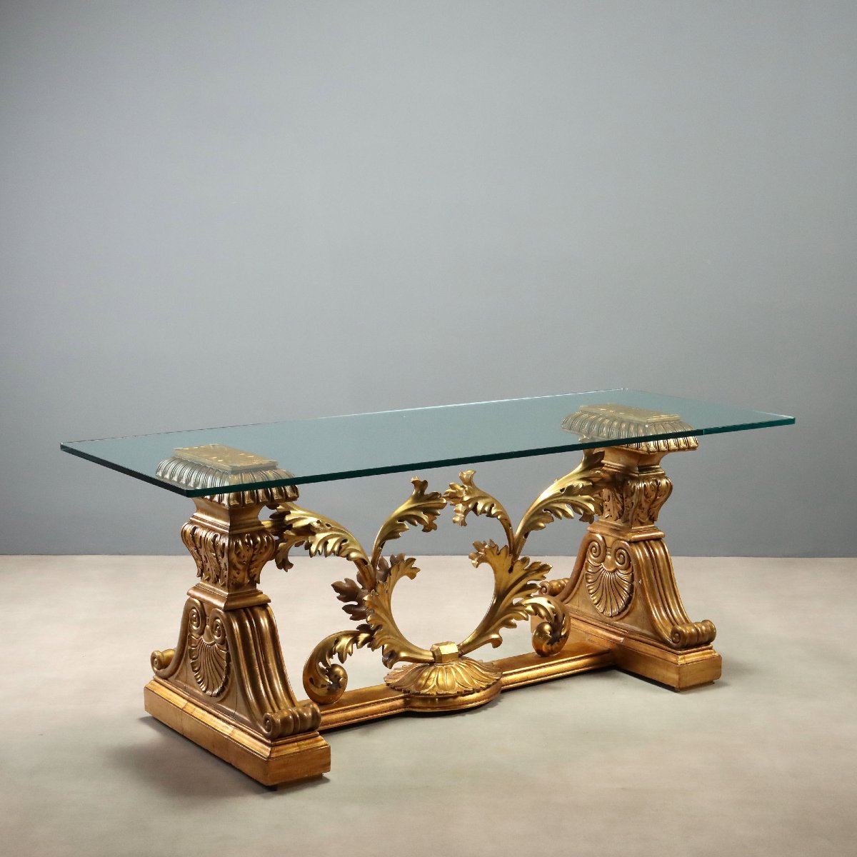 Table avec Base en Bois Sculpté et Doré - Italie XXe Siècle