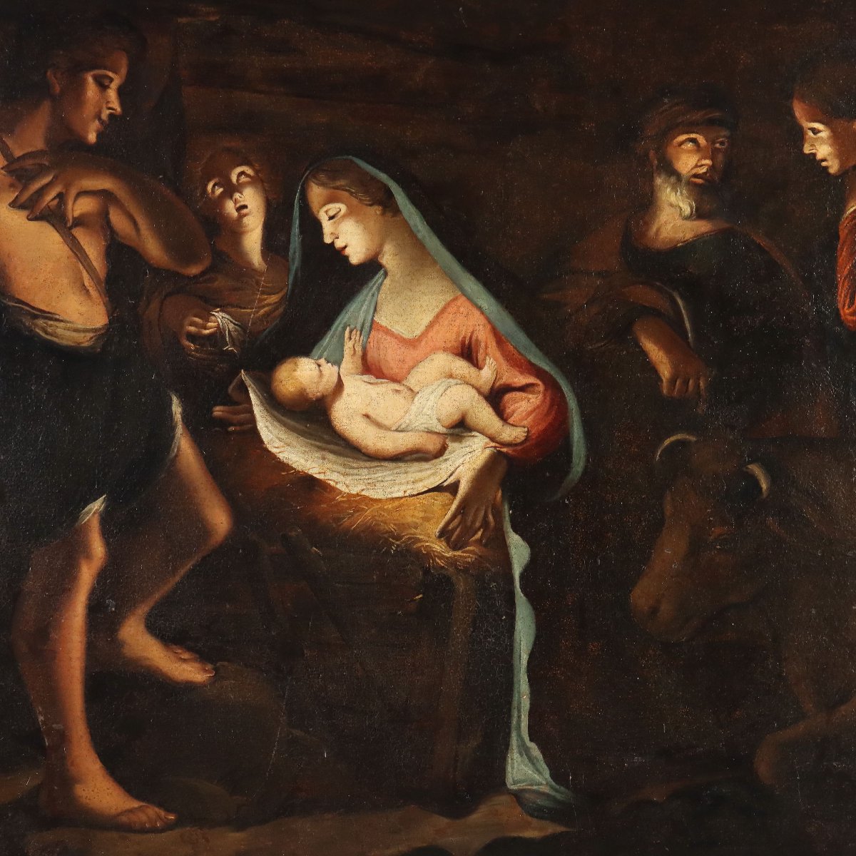 Antique Painting Nativity Oil On Canvas Italy Early XVIII Century Original-photo-3