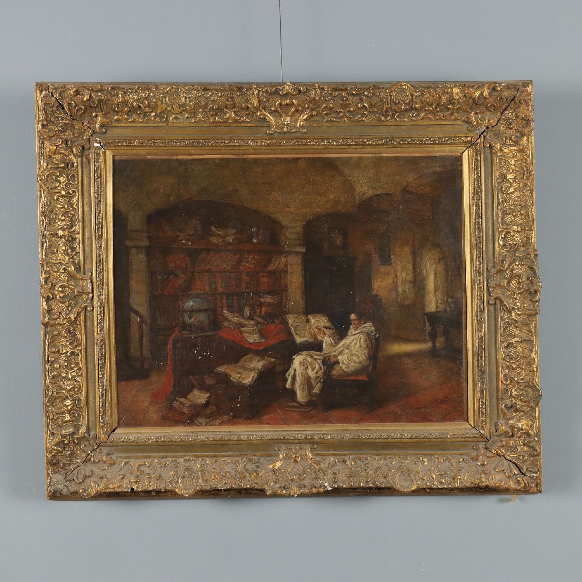 Antique Painting Signed Jeno Chemendy Monk XIX Century Original