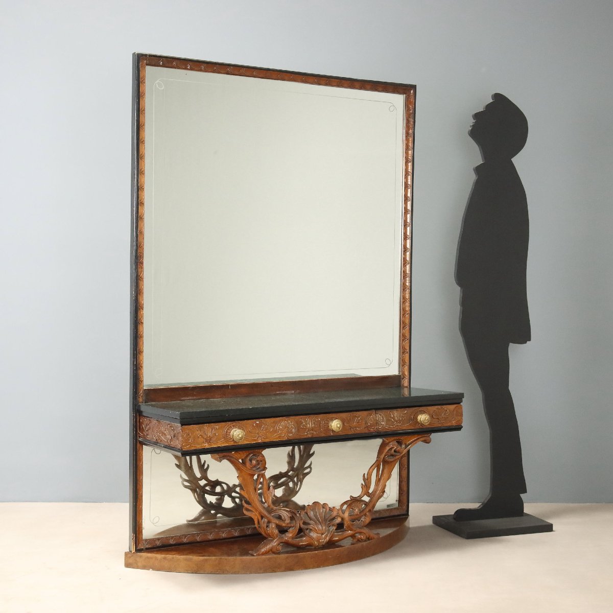 Mid-20th-century Italian Console Table With Mirror In Walnut And Green Serpentine Marble-photo-2