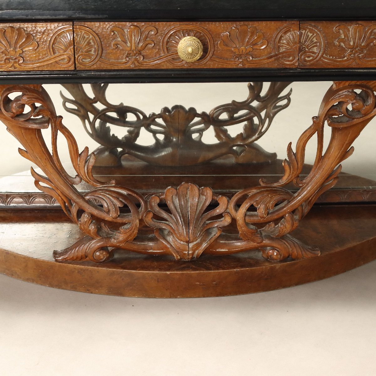Mid-20th-century Italian Console Table With Mirror In Walnut And Green Serpentine Marble-photo-4