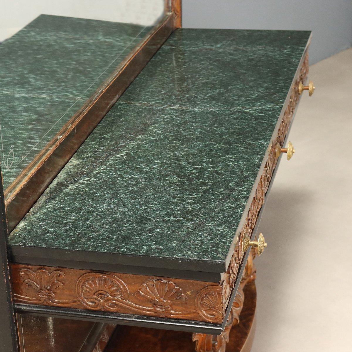 Mid-20th-century Italian Console Table With Mirror In Walnut And Green Serpentine Marble-photo-1