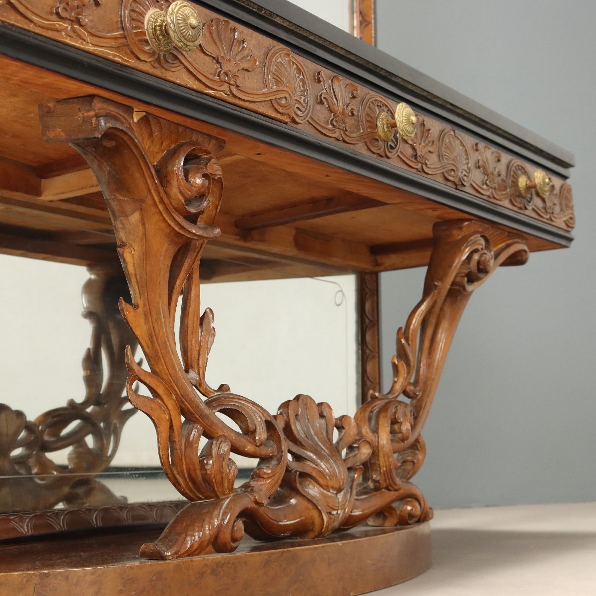 Mid-20th-century Italian Console Table With Mirror In Walnut And Green Serpentine Marble-photo-4