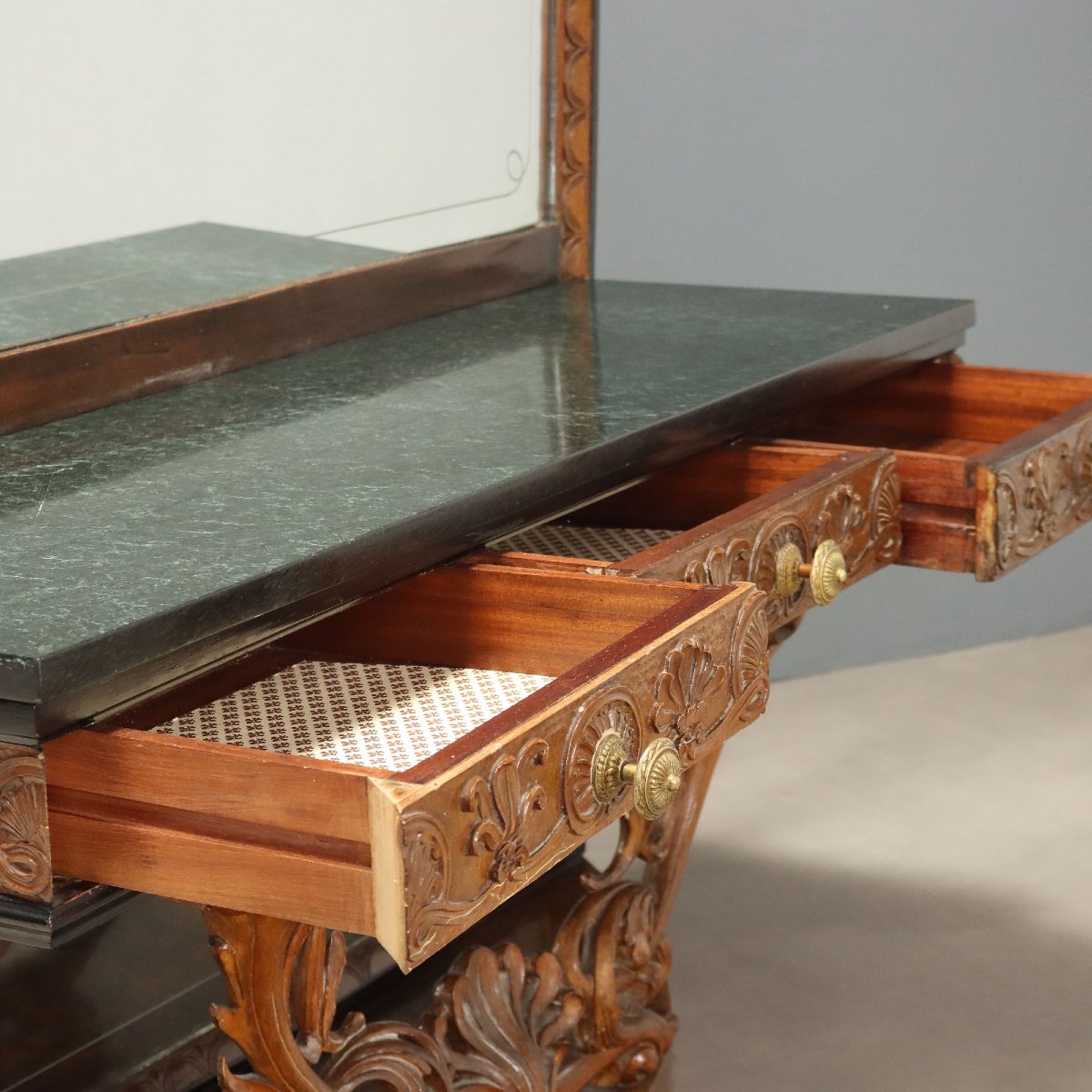 Mid-20th-century Italian Console Table With Mirror In Walnut And Green Serpentine Marble-photo-6