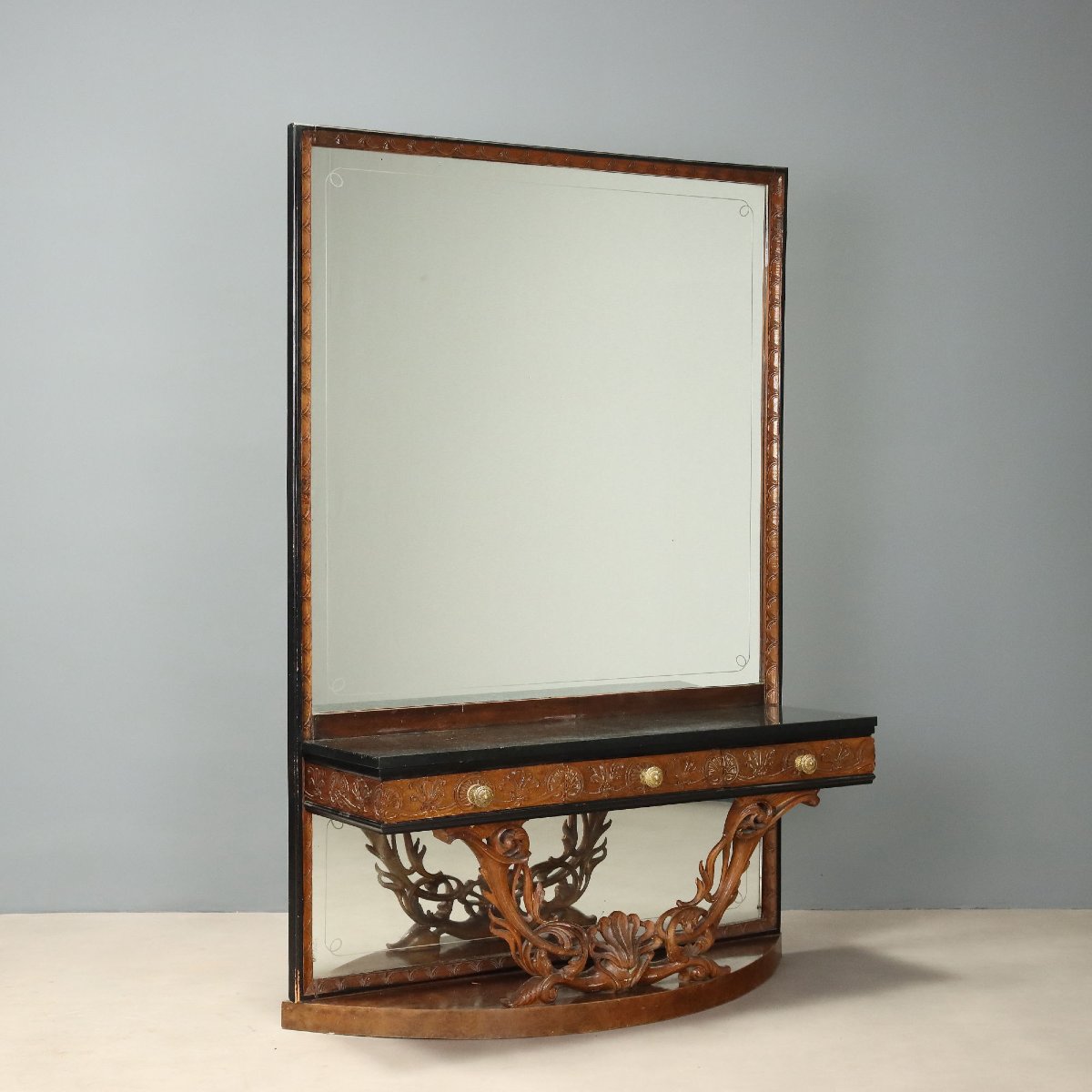 Mid-20th-century Italian Console Table With Mirror In Walnut And Green Serpentine Marble