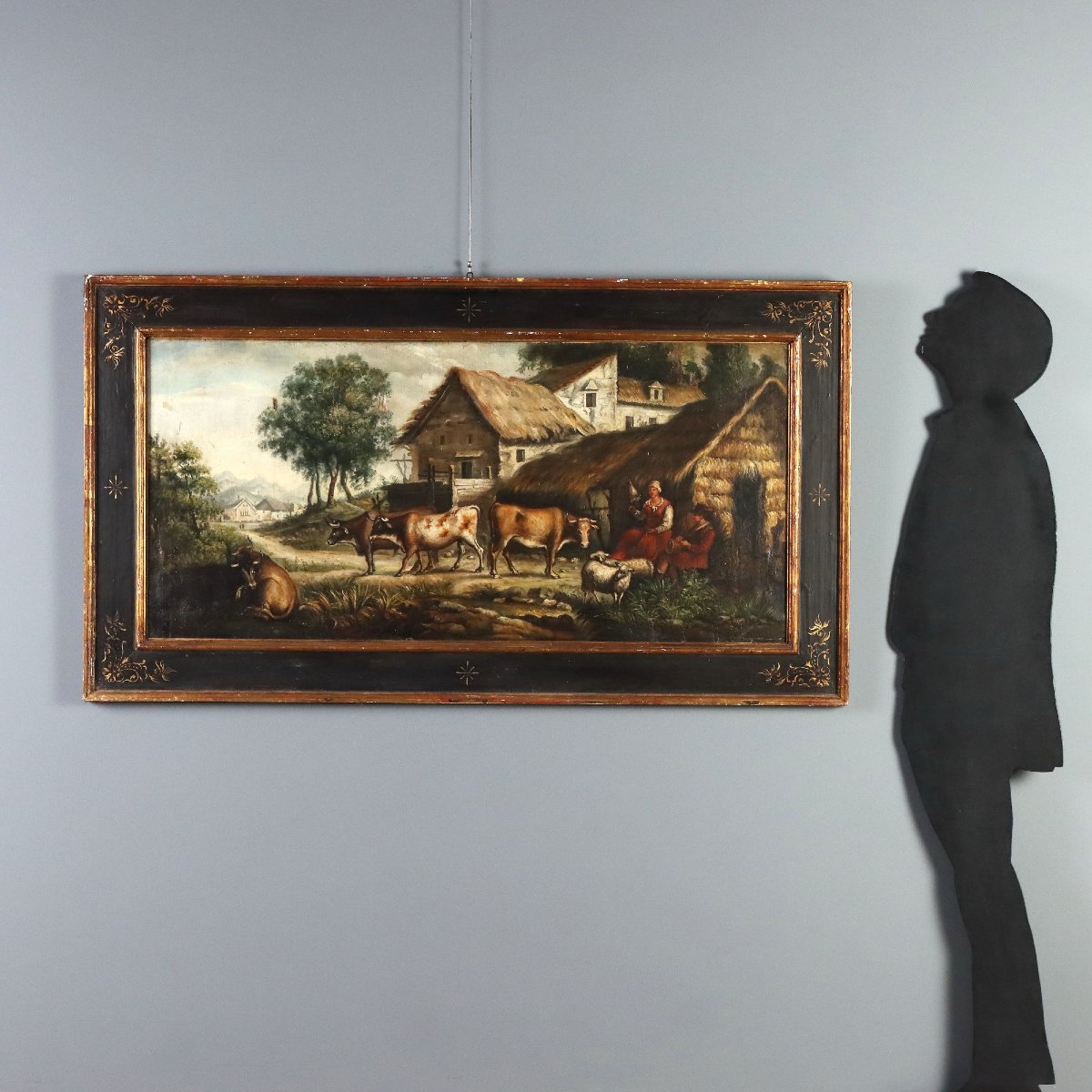 Tableau Ancien Paysage Bucolique avec Figures Italie du XIXe Siècle-photo-2