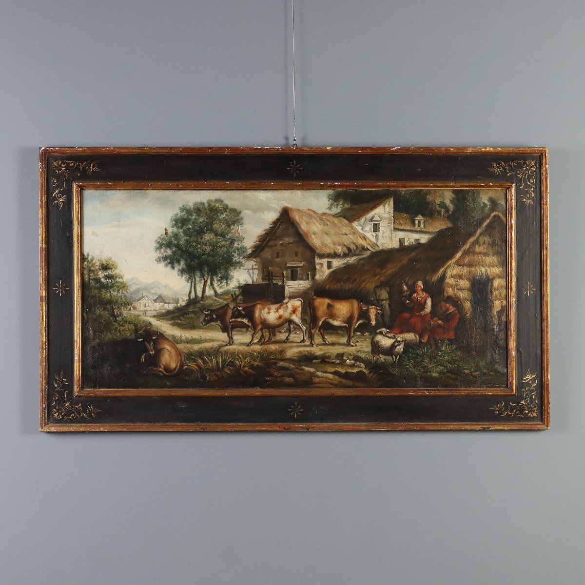 Tableau Ancien Paysage Bucolique avec Figures Italie du XIXe Siècle