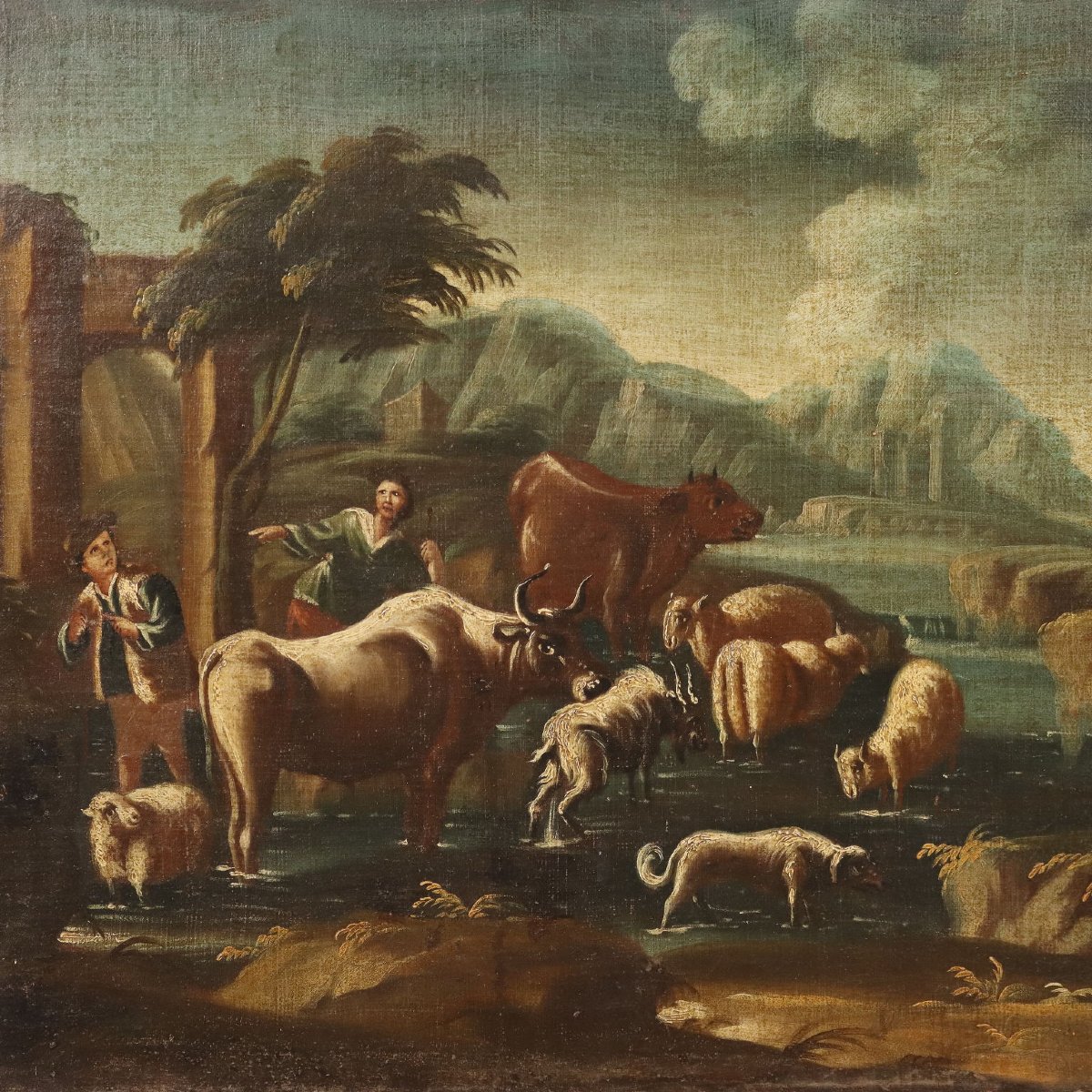 Antique Painting Landscape With Shepherds And Herds XVIII Century-photo-3