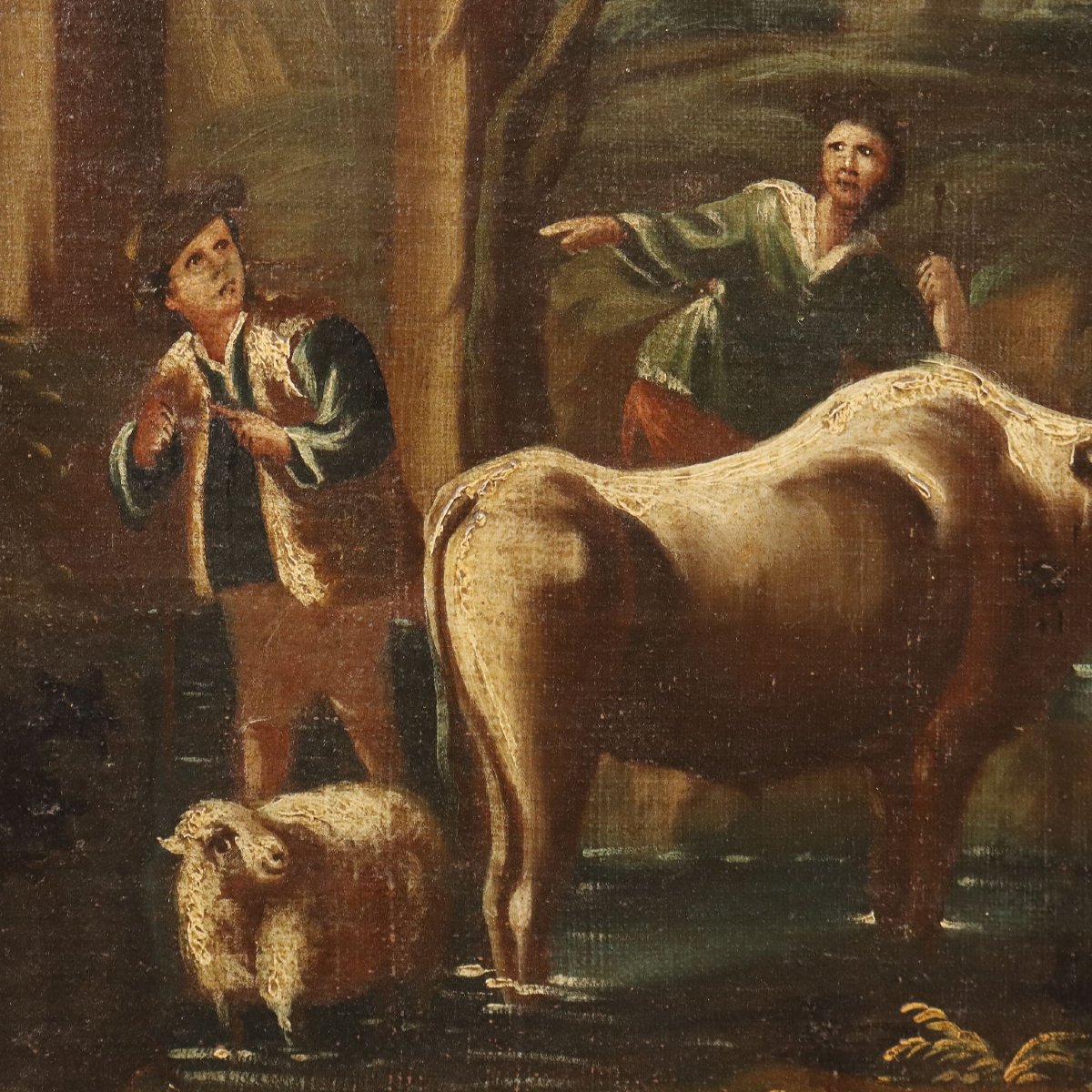 Antique Painting Landscape With Shepherds And Herds XVIII Century-photo-4