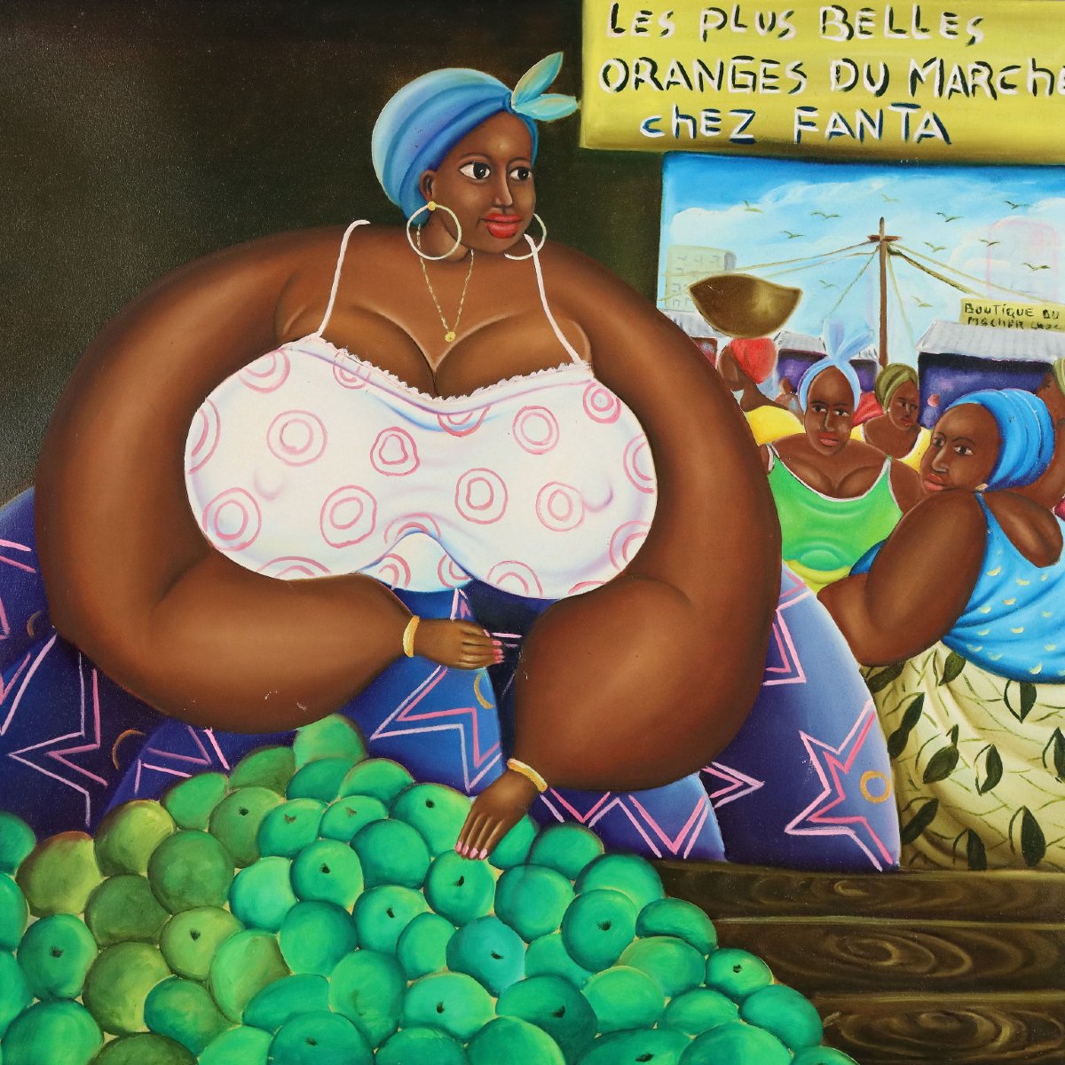 African Naif Painting The Orange Seller Oil On Canvas XX Century-photo-3