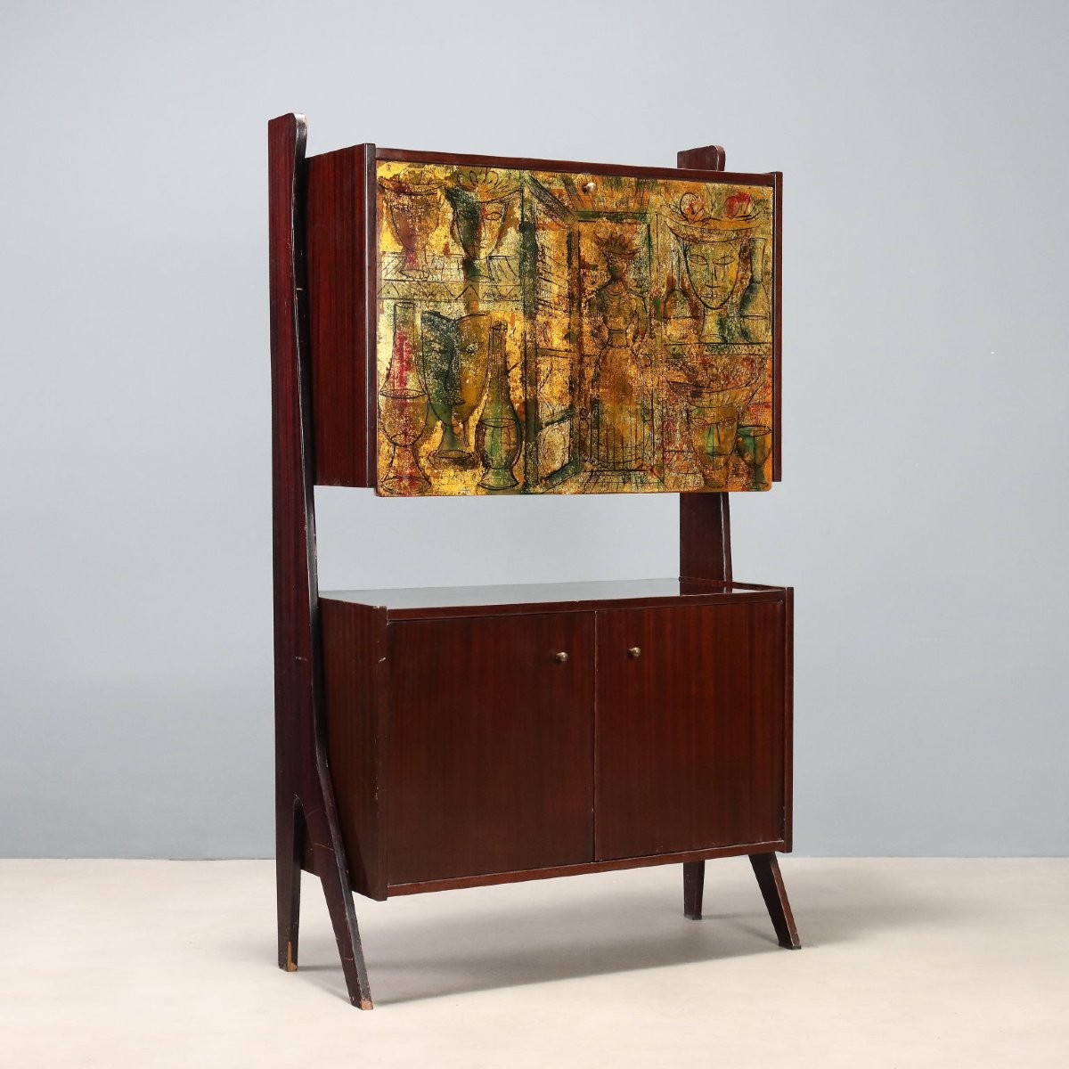 Vintage Bar Cabinet Mahogany Flap Compartment Design 1960s Original