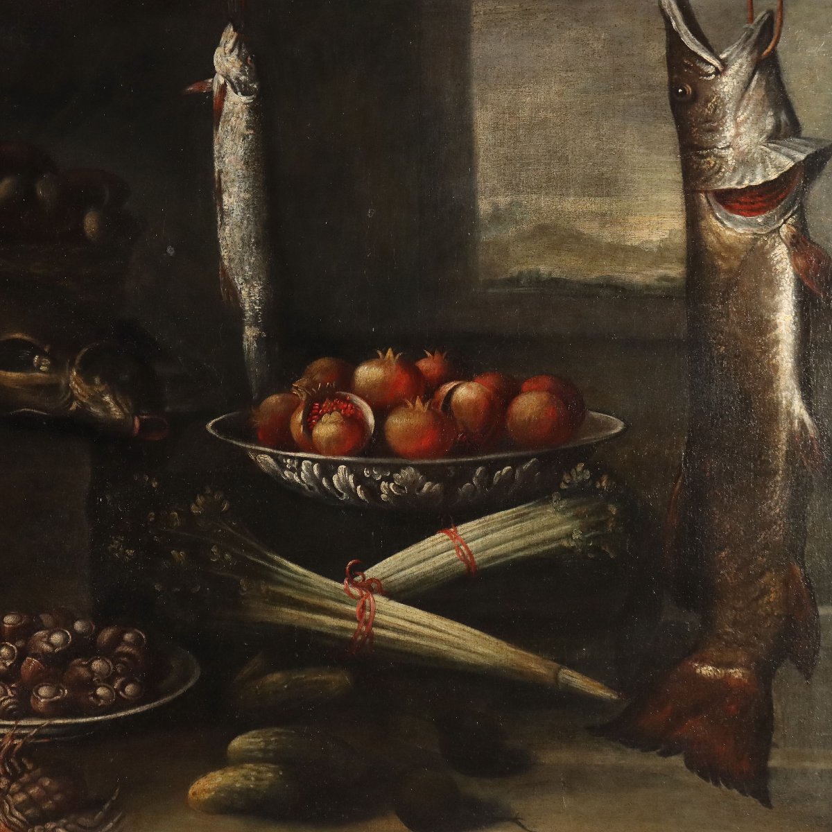 Antique Painting Still Life With Fishes And Snails Oil On Canvas '600-photo-4