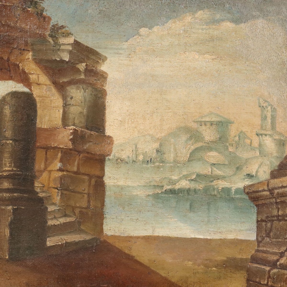 Antique Painting Archictectural Folly Oil On Canvas XVIII Century-photo-3