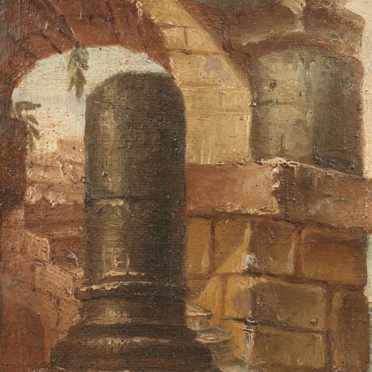 Antique Painting Archictectural Folly Oil On Canvas XVIII Century-photo-1